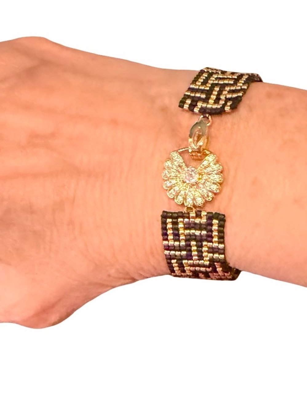 Black Gold Art Deco Beaded Bracelet | Geometric Loom Cuff | CZ Clasp - Picture 3 of 11